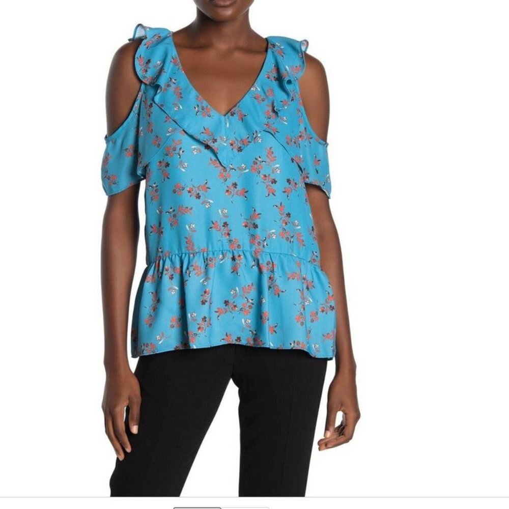 Parker Womens S Blue Dedra Floral Cold-Shoulder Top In Prairie NWT